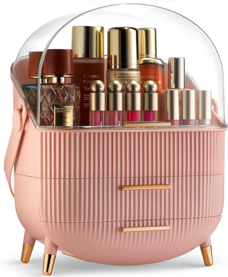 Oizeir Covered Makeup Cosmetic Countertop - Large Cosmetic Organizer - Trendy Oval Shape Storage for Skin Care Organizer - Clear Lid, Storage Drawers, Carry Handle - Cute Stylish Decor Solution (Pink) - Image 1
